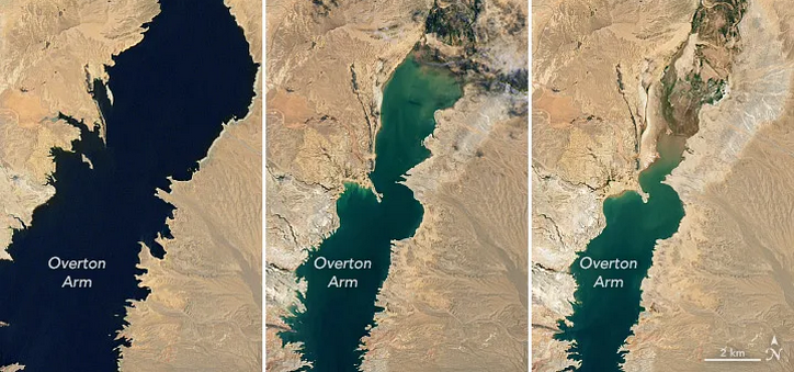 Satellite comparison showing changing Lake Mead water levels